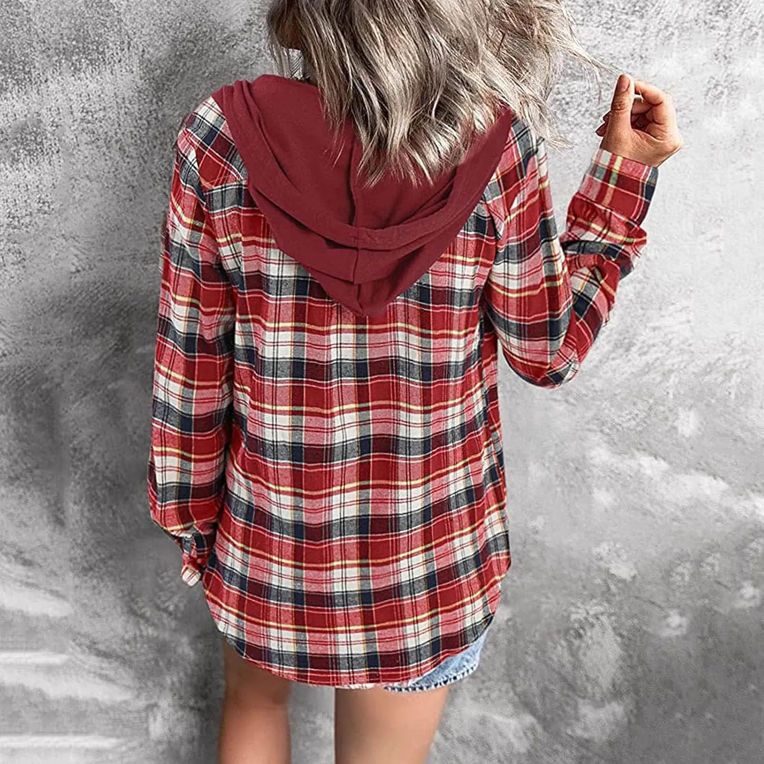 Womens Plaid Jacket Casual Button Down Checkered Hooded Jackets Oversized Loose Lightweight Shackets Outerwear