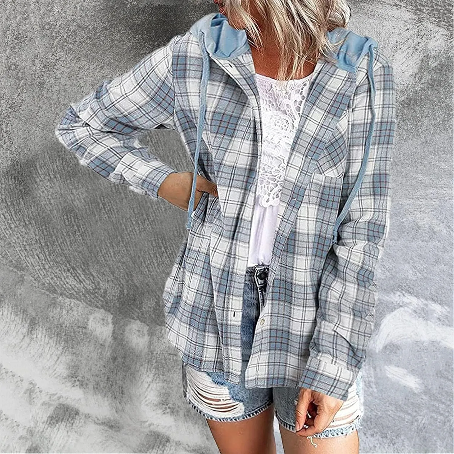 Womens Plaid Jacket Casual Button Down Checkered Hooded Jackets Oversized Loose Lightweight Shackets Outerwear
