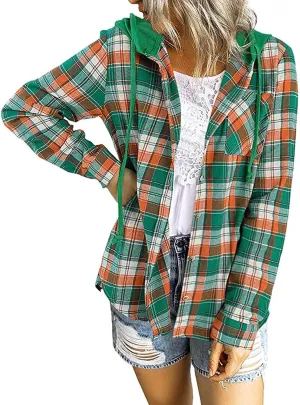 Womens Plaid Jacket Casual Button Down Checkered Hooded Jackets Oversized Loose Lightweight Shackets Outerwear