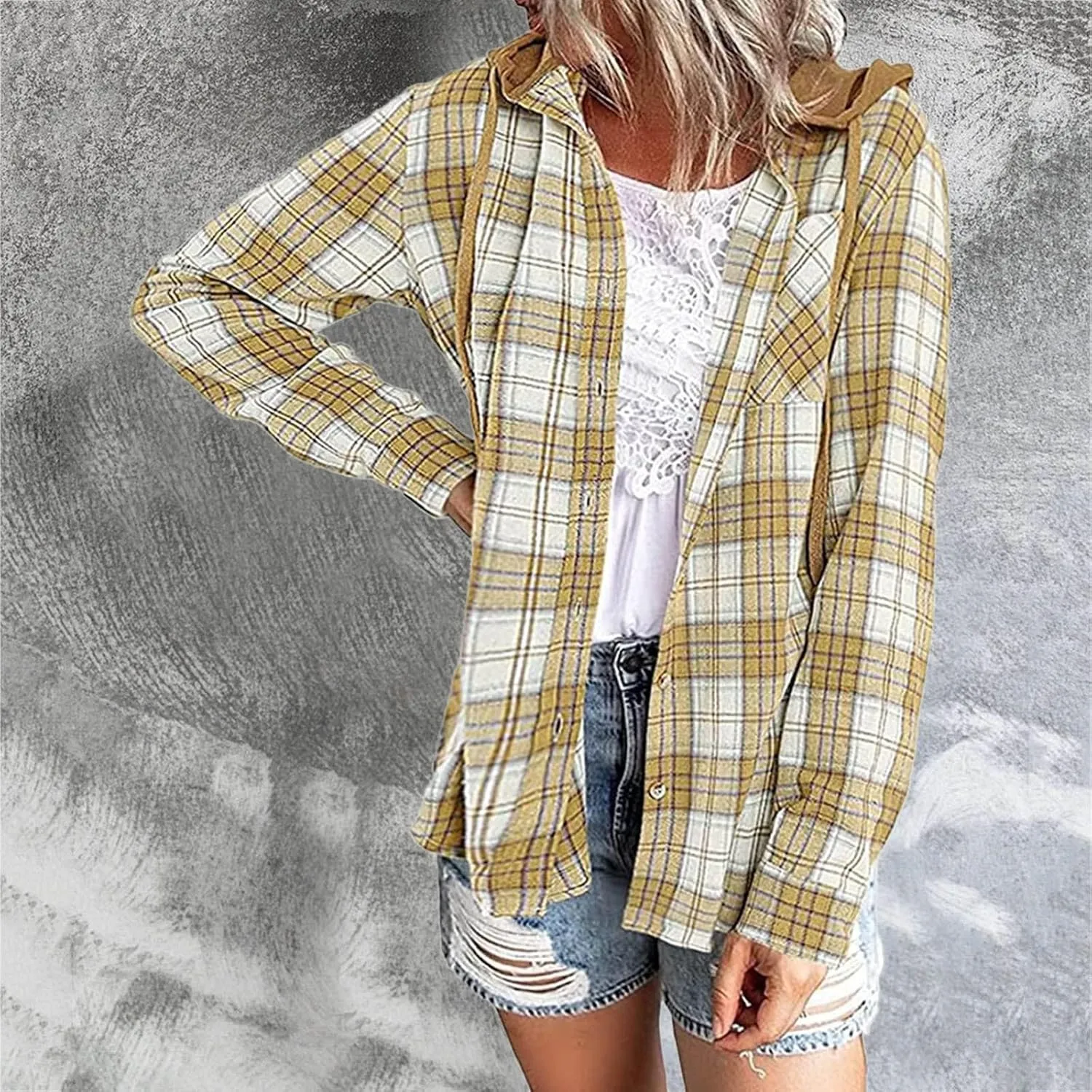 Womens Plaid Jacket Casual Button Down Checkered Hooded Jackets Oversized Loose Lightweight Shackets Outerwear