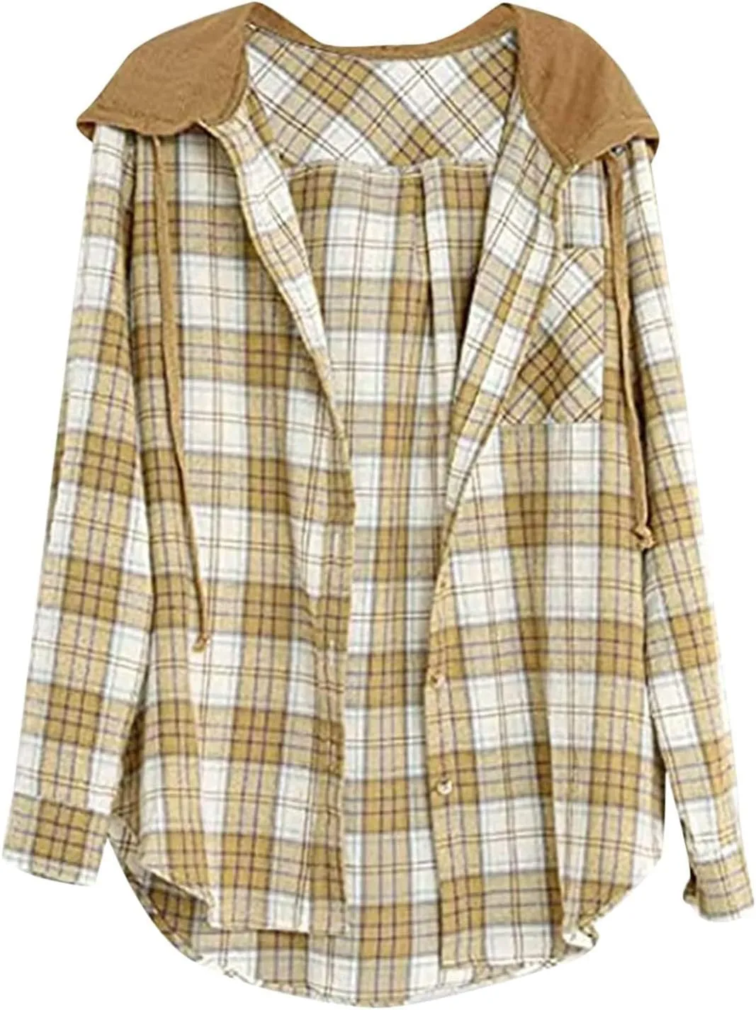 Womens Plaid Jacket Casual Button Down Checkered Hooded Jackets Oversized Loose Lightweight Shackets Outerwear