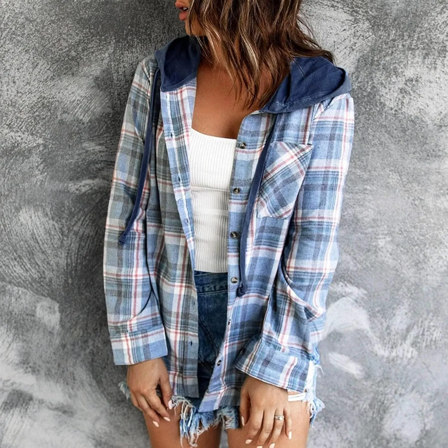 Womens Plaid Jacket Casual Button Down Checkered Hooded Jackets Oversized Loose Lightweight Shackets Outerwear