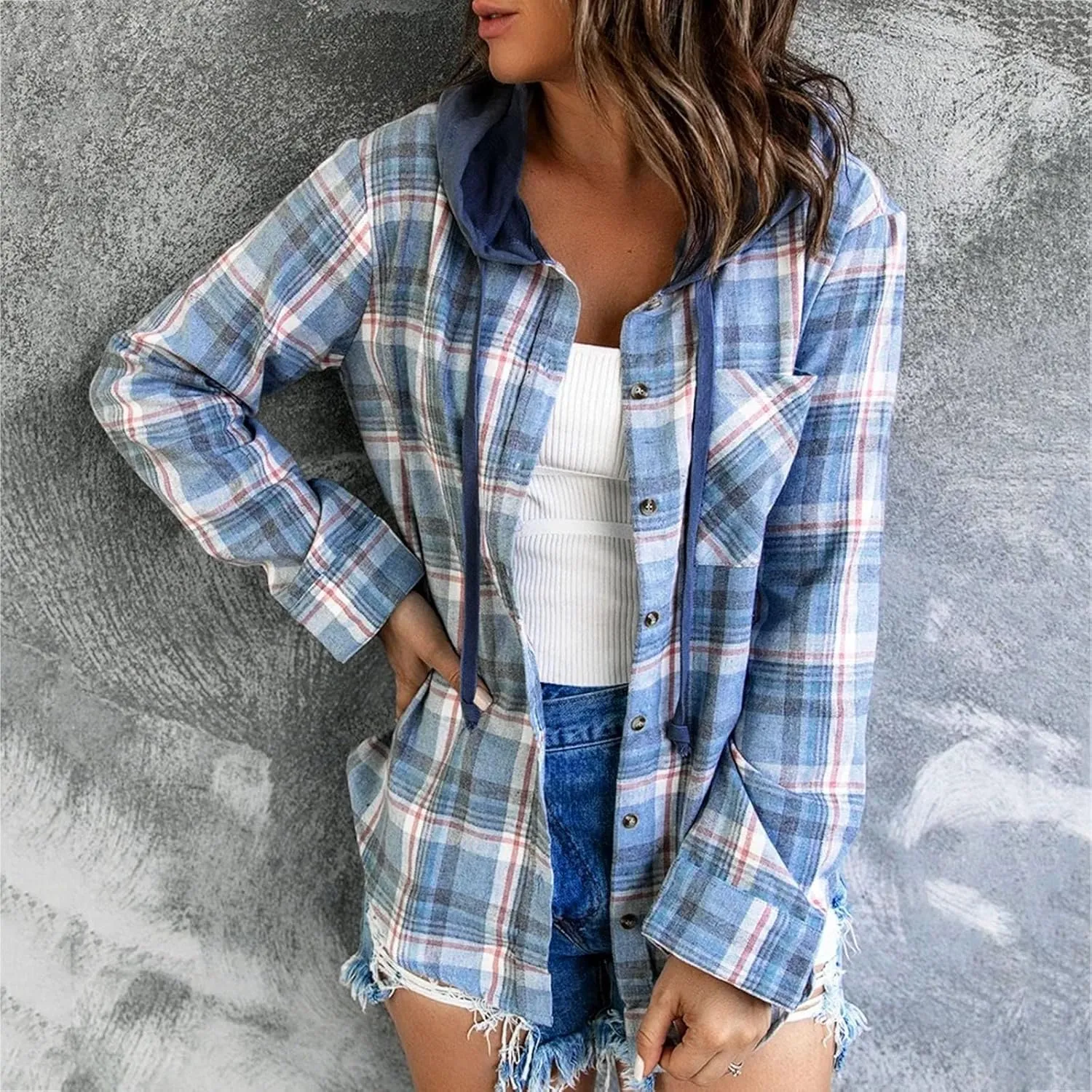 Womens Plaid Jacket Casual Button Down Checkered Hooded Jackets Oversized Loose Lightweight Shackets Outerwear