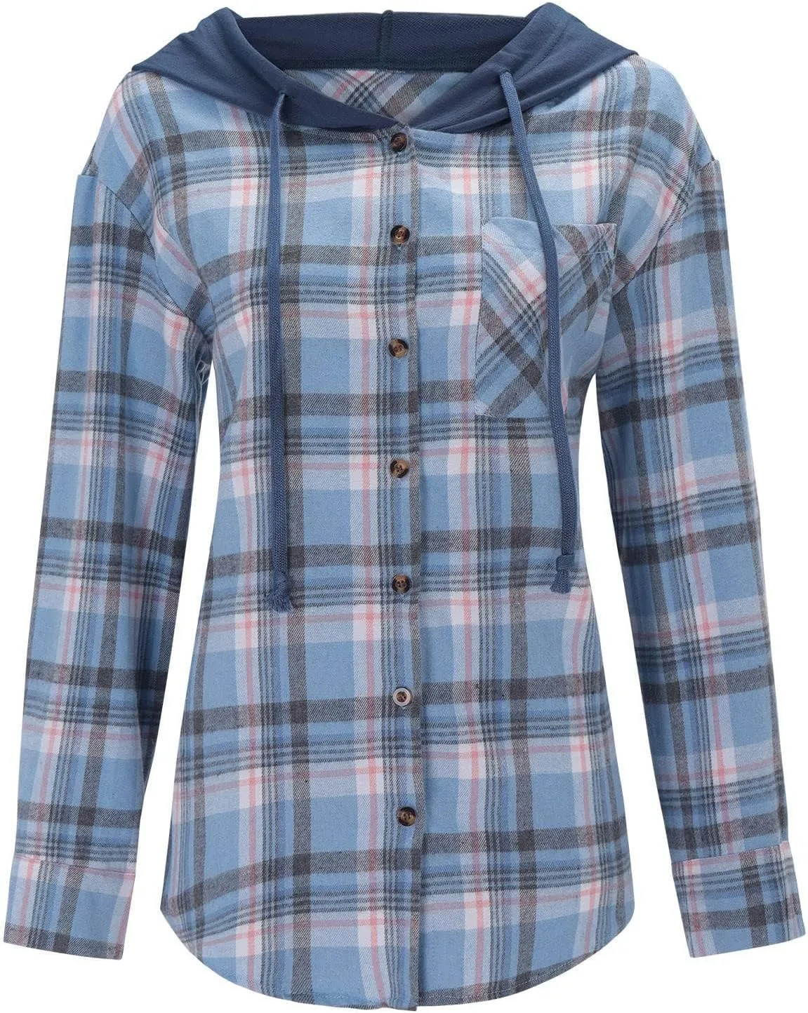 Womens Plaid Jacket Casual Button Down Checkered Hooded Jackets Oversized Loose Lightweight Shackets Outerwear