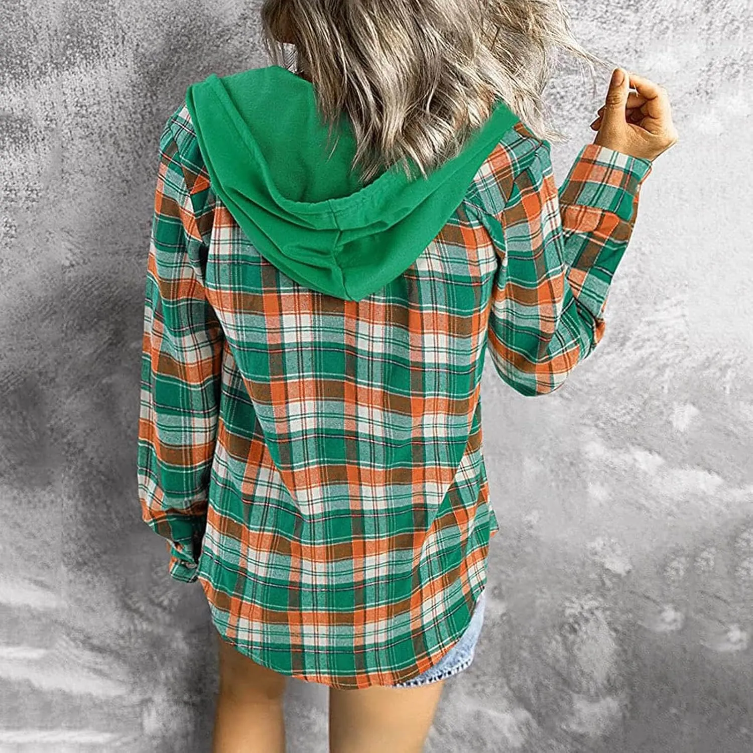 Womens Plaid Jacket Casual Button Down Checkered Hooded Jackets Oversized Loose Lightweight Shackets Outerwear