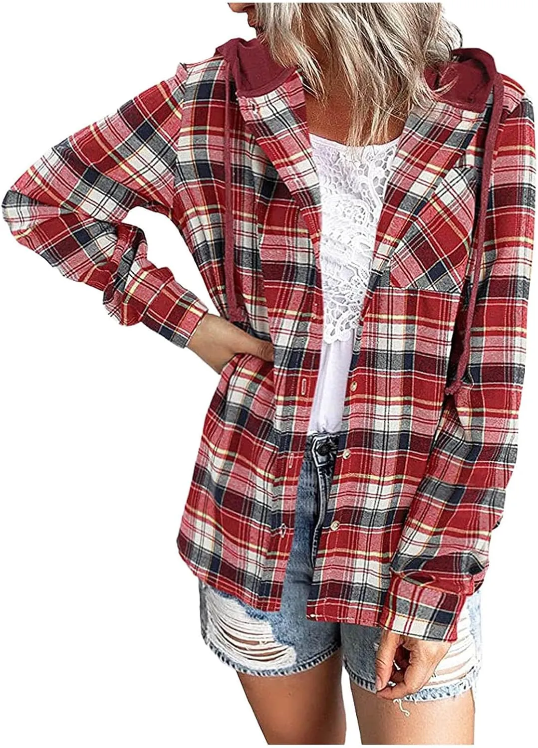 Womens Plaid Jacket Casual Button Down Checkered Hooded Jackets Oversized Loose Lightweight Shackets Outerwear