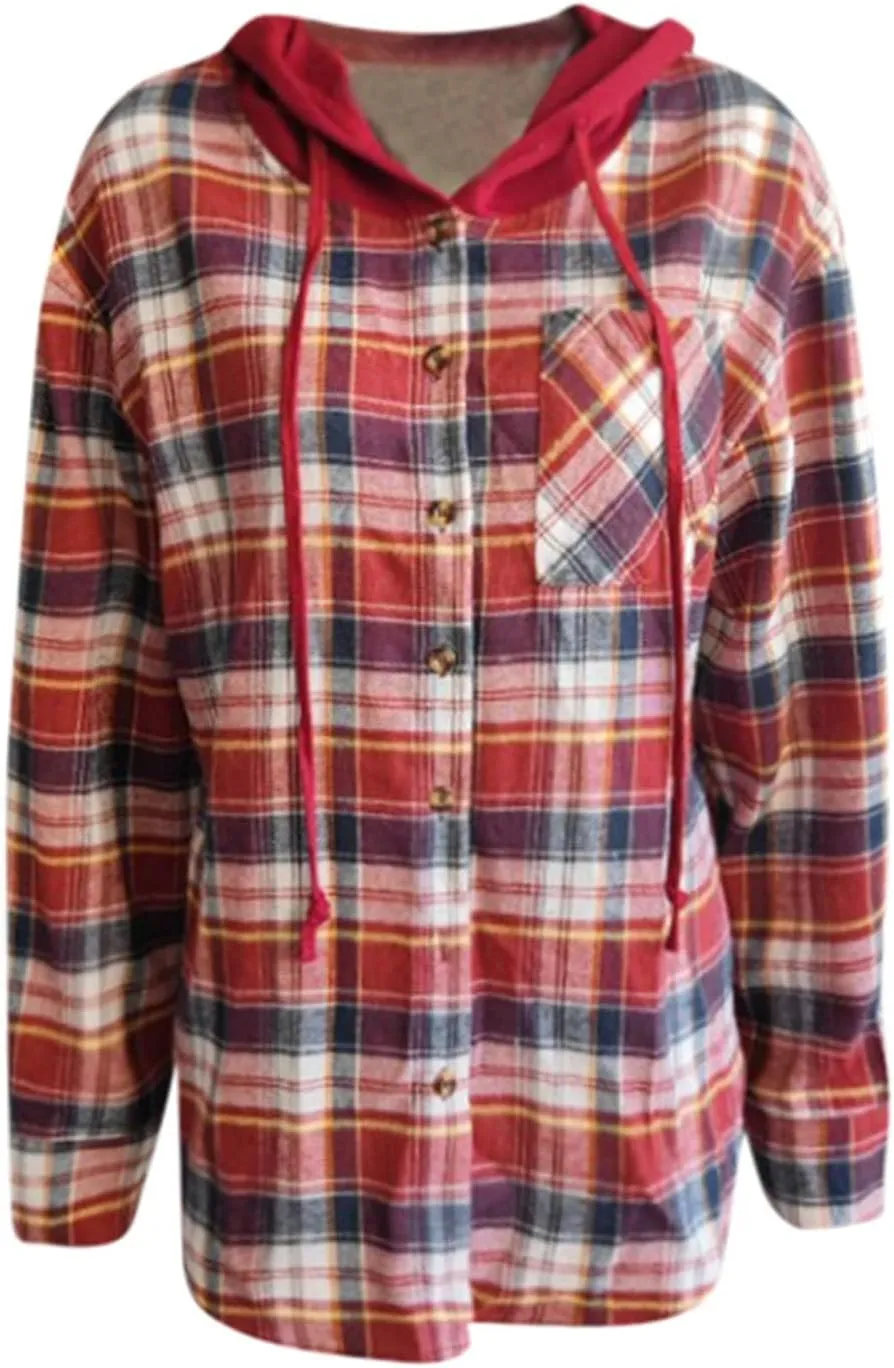 Womens Plaid Jacket Casual Button Down Checkered Hooded Jackets Oversized Loose Lightweight Shackets Outerwear