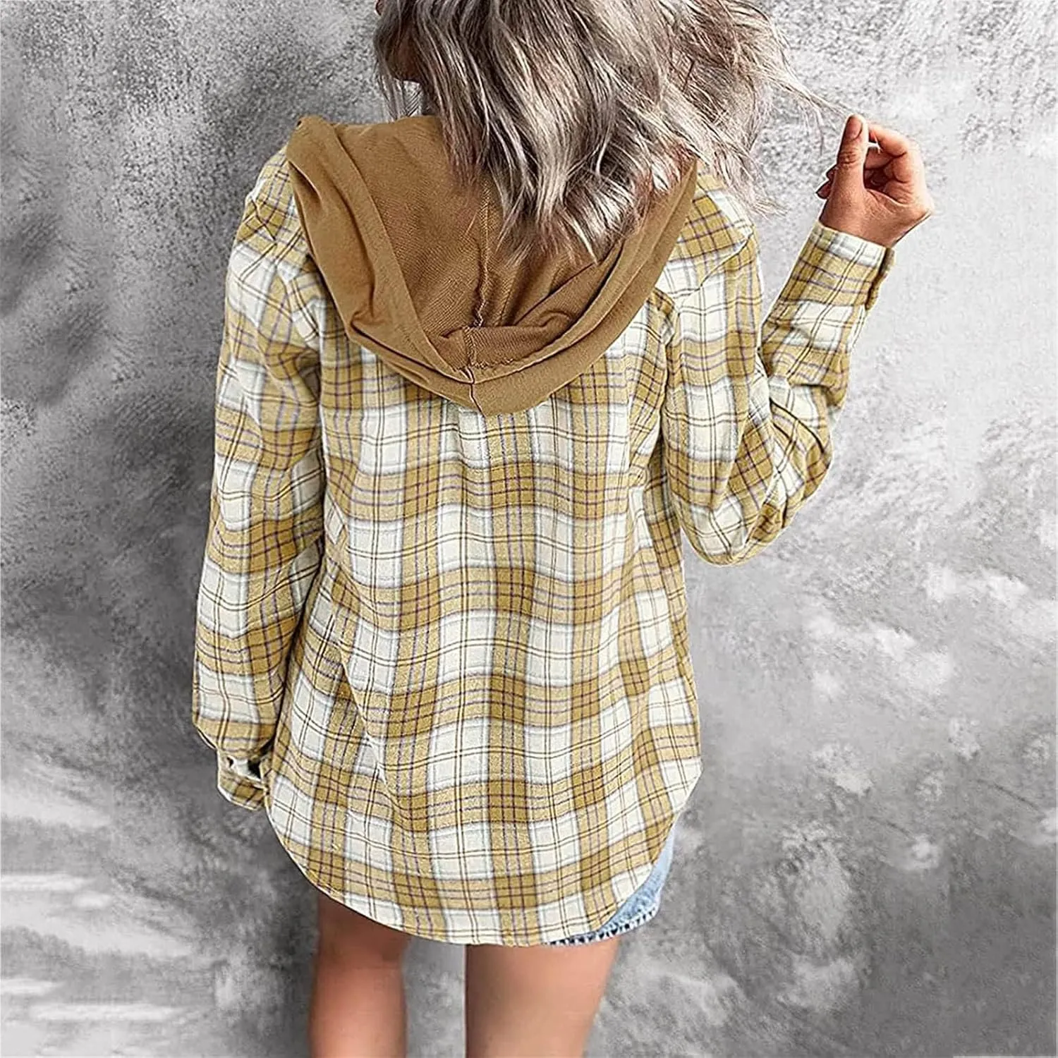 Womens Plaid Jacket Casual Button Down Checkered Hooded Jackets Oversized Loose Lightweight Shackets Outerwear