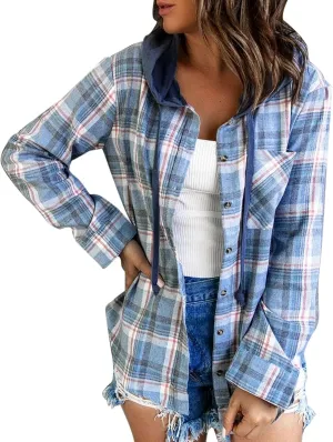 Womens Plaid Jacket Casual Button Down Checkered Hooded Jackets Oversized Loose Lightweight Shackets Outerwear