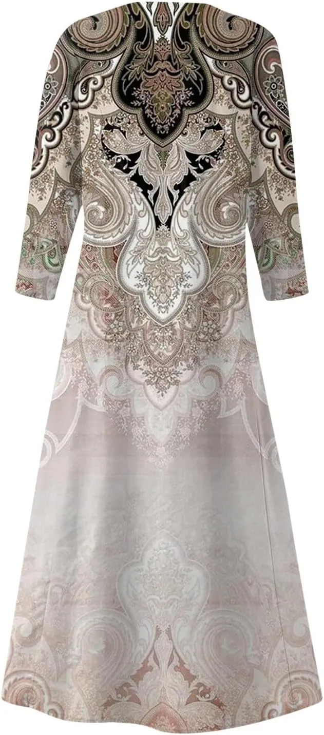 Womens Plus Size 3/4 Long Sleeve Dresses Flowy Pleated Textured Dress Casual Loose Round Neck Dresses with Pockets