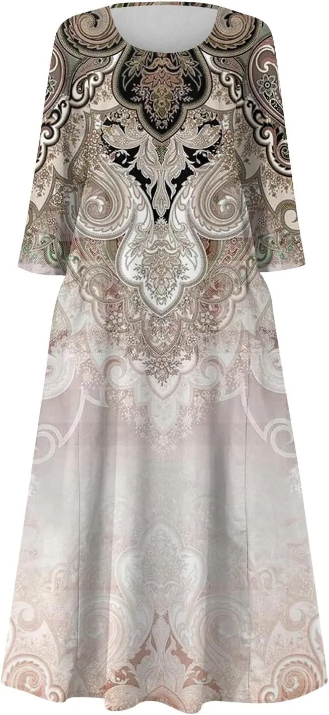Womens Plus Size 3/4 Long Sleeve Dresses Flowy Pleated Textured Dress Casual Loose Round Neck Dresses with Pockets