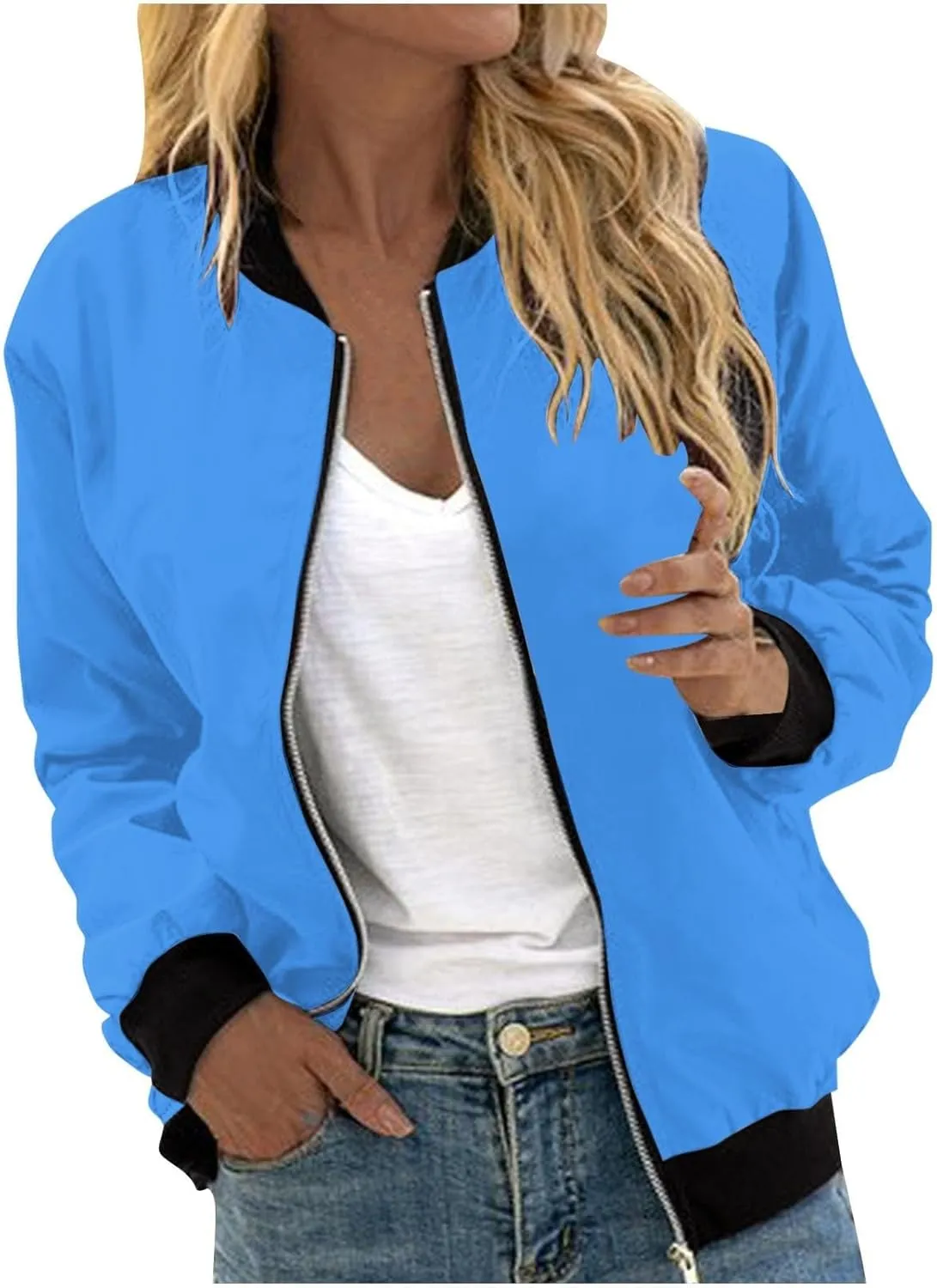 Womens Plus Size Long Sleeve Lightweight Zip Up Oversized Outerwear Windbreaker Casual Striped Bomber Jackets Coat