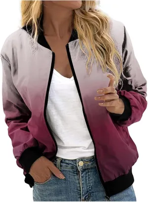 Womens Plus Size Long Sleeve Lightweight Zip Up Oversized Outerwear Windbreaker Casual Striped Bomber Jackets Coat