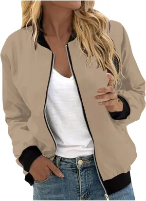 Womens Plus Size Long Sleeve Lightweight Zip Up Oversized Outerwear Windbreaker Casual Striped Bomber Jackets Coat