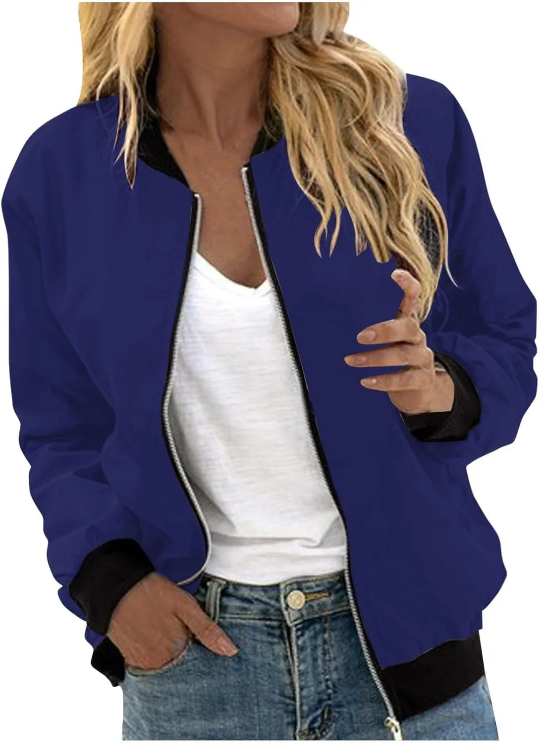Womens Plus Size Long Sleeve Lightweight Zip Up Oversized Outerwear Windbreaker Casual Striped Bomber Jackets Coat
