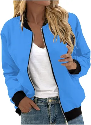 Womens Plus Size Long Sleeve Lightweight Zip Up Oversized Outerwear Windbreaker Casual Striped Bomber Jackets Coat