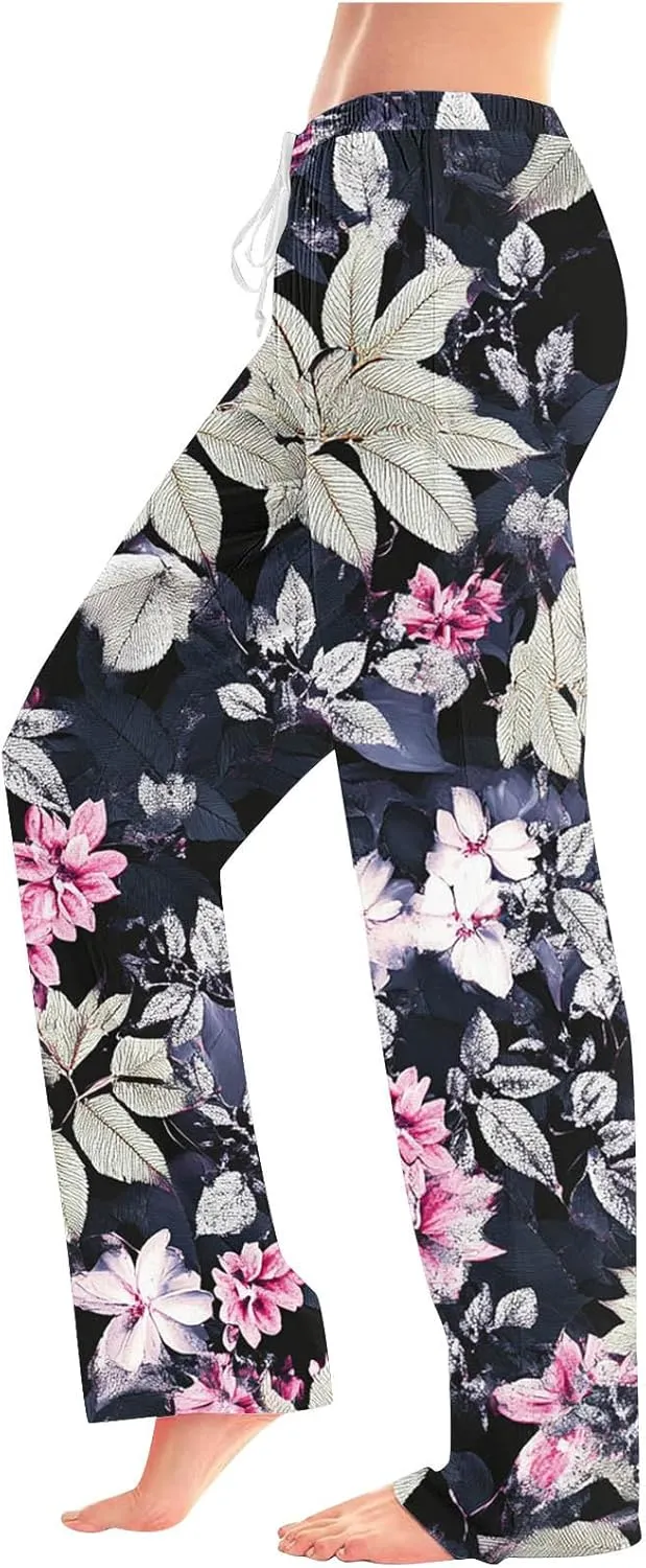 Womens Plus Size Pants Summer Fashion Elegant Floral Printed Loose Drawstring High Rise Straight Leg Beach Trousers