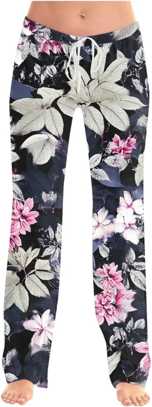 Womens Plus Size Pants Summer Fashion Elegant Floral Printed Loose Drawstring High Rise Straight Leg Beach Trousers
