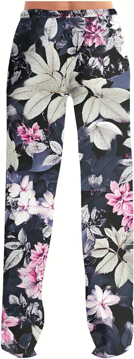 Womens Plus Size Pants Summer Fashion Elegant Floral Printed Loose Drawstring High Rise Straight Leg Beach Trousers