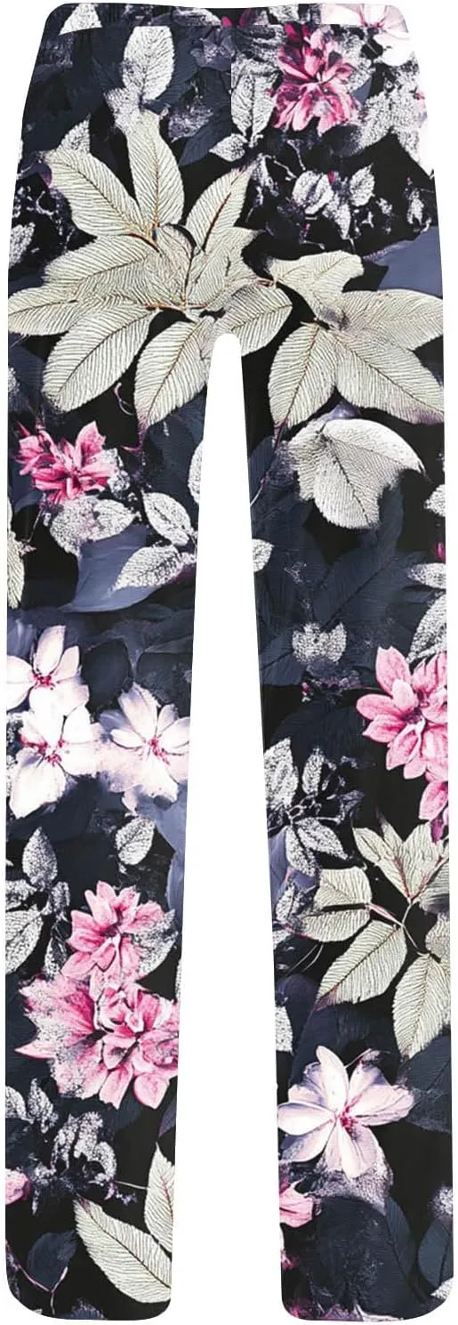 Womens Plus Size Pants Summer Fashion Elegant Floral Printed Loose Drawstring High Rise Straight Leg Beach Trousers