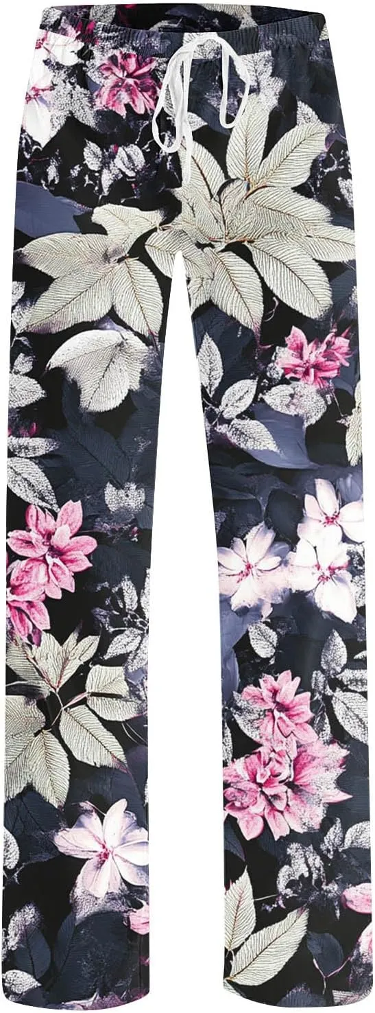 Womens Plus Size Pants Summer Fashion Elegant Floral Printed Loose Drawstring High Rise Straight Leg Beach Trousers