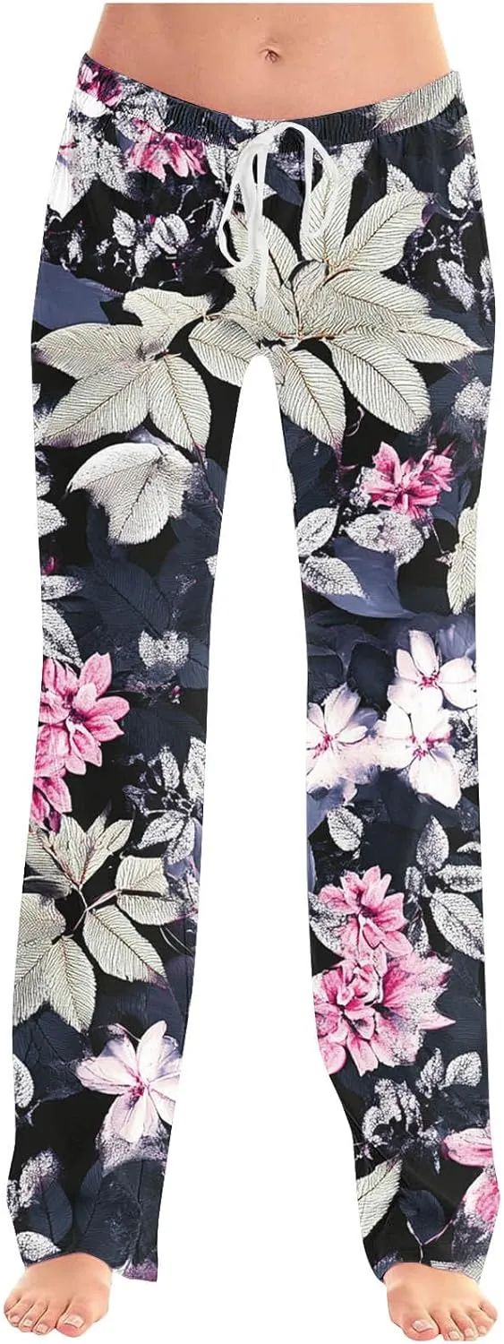 Womens Plus Size Pants Summer Fashion Elegant Floral Printed Loose Drawstring High Rise Straight Leg Beach Trousers