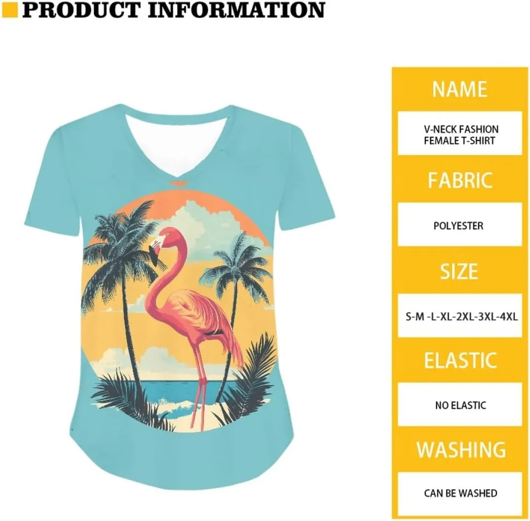 Womens Plus Size Summer Flamingo V-Neck Short Sleeve Casual T-Shirts Tee