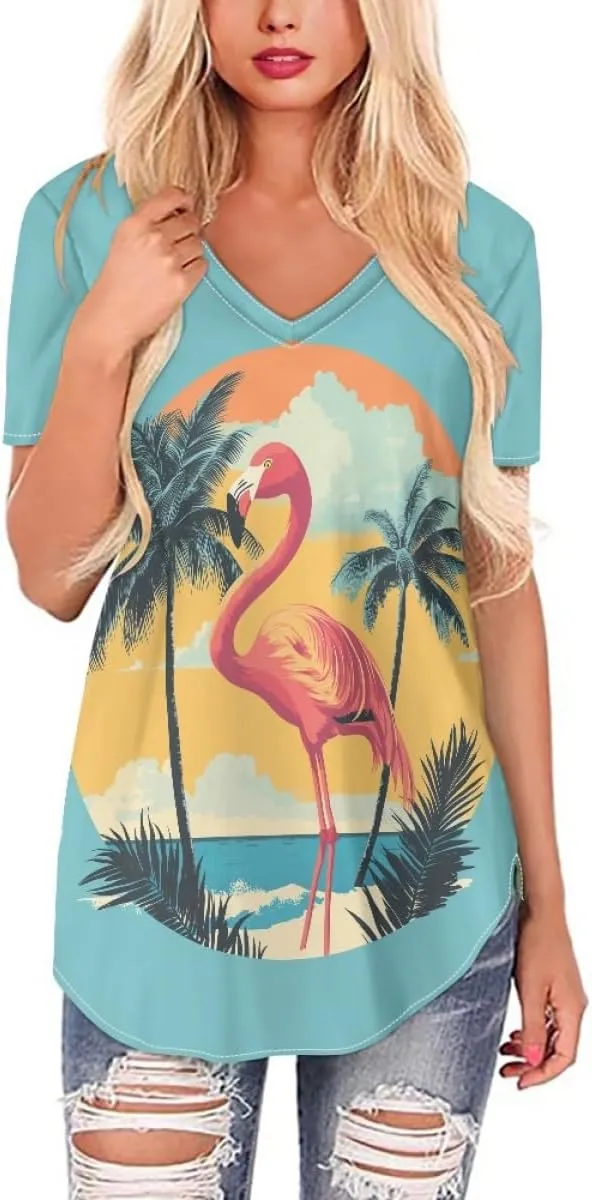 Womens Plus Size Summer Flamingo V-Neck Short Sleeve Casual T-Shirts Tee