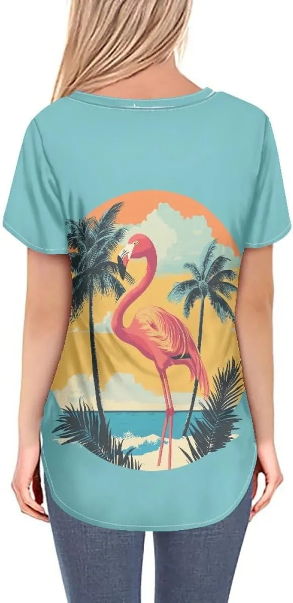 Womens Plus Size Summer Flamingo V-Neck Short Sleeve Casual T-Shirts Tee
