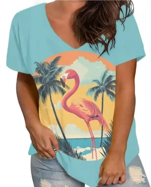 Womens Plus Size Summer Flamingo V-Neck Short Sleeve Casual T-Shirts Tee