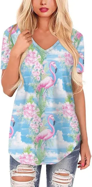 Womens Plus Size Summer Flamingo V-Neck Short Sleeve Casual T-Shirts Tee
