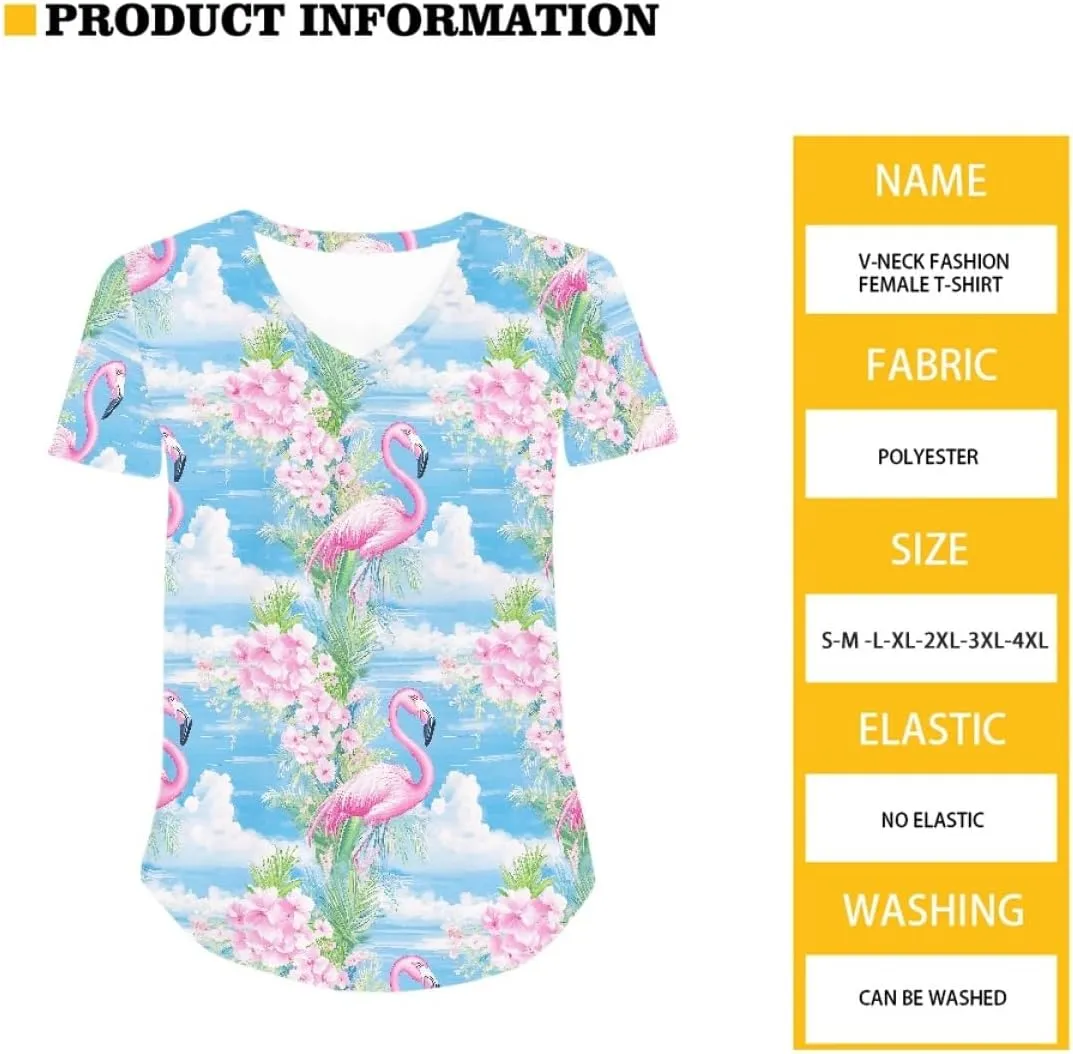 Womens Plus Size Summer Flamingo V-Neck Short Sleeve Casual T-Shirts Tee