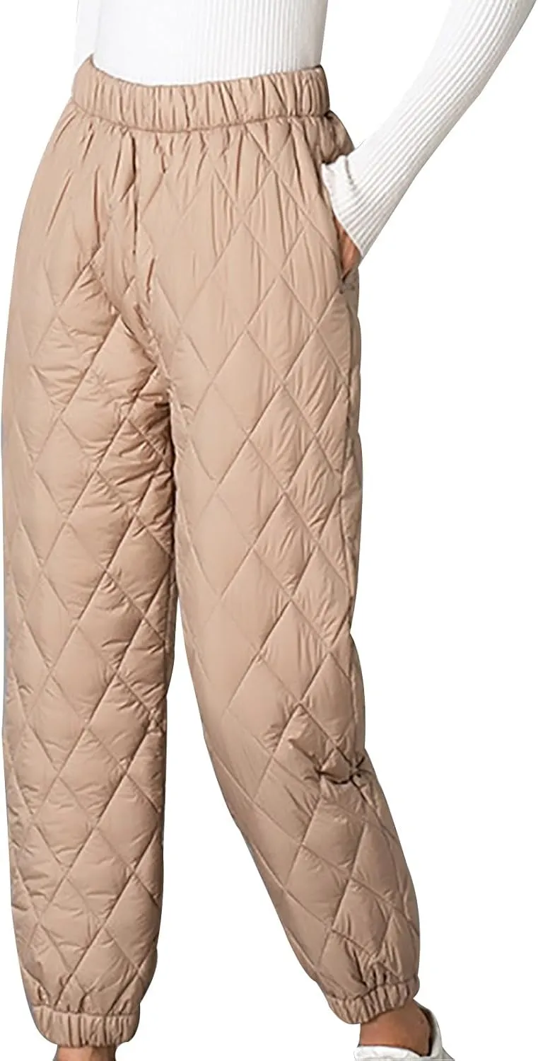 Women's Puffer Pants Elastic Waist Oversized Cinch Bottom Quilted Pants Winter Warm High Rise Lounge Trouser Pants