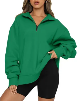 Womens Quarter Zipper Lapel Hoodies Cropped Pullover Sweatshirts Fleece Drop Shoulder Clothes Solid Tops