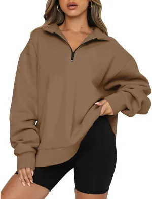 Womens Quarter Zipper Lapel Hoodies Cropped Pullover Sweatshirts Fleece Drop Shoulder Clothes Solid Tops