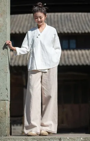 Women's Ramie Blouse Chinese Retro Long Sleeve Shirt Loose Tunic Tops Cotton Linen Summer T-Shirt Hanfu Meditate