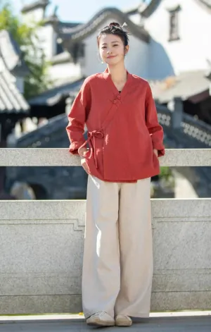 Women's Ramie Blouse Chinese Retro Long Sleeve Shirt Loose Tunic Tops Cotton Linen Summer T-Shirt Hanfu Meditate