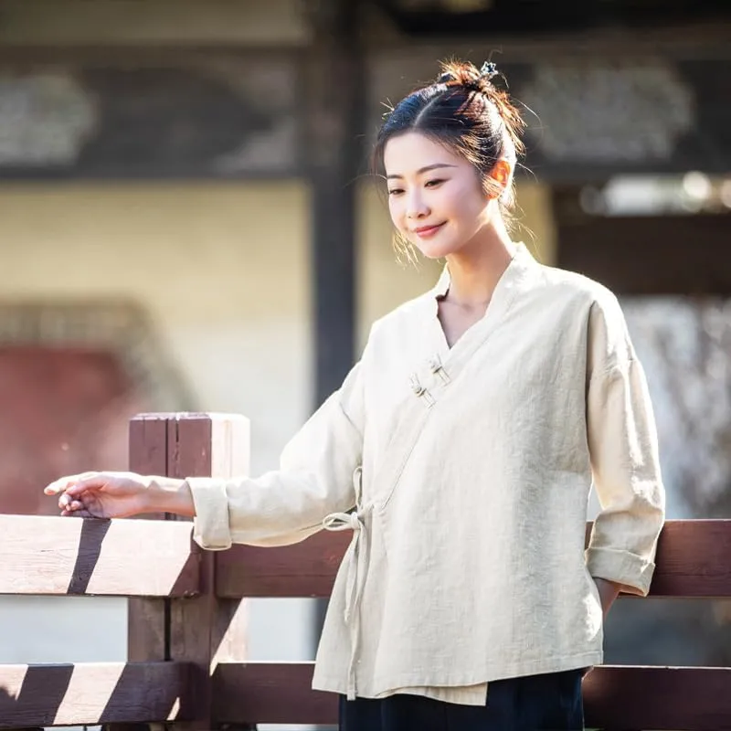Women's Ramie Blouse Chinese Retro Long Sleeve Shirt Loose Tunic Tops Cotton Linen Summer T-Shirt Hanfu Meditate