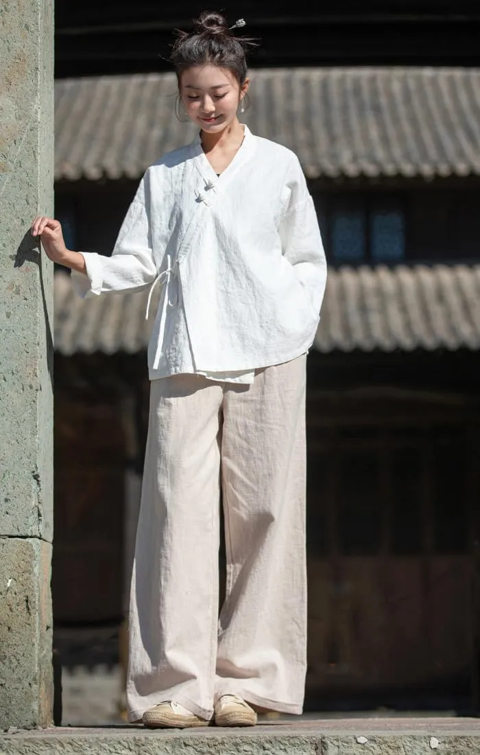 Women's Ramie Blouse Chinese Retro Long Sleeve Shirt Loose Tunic Tops Cotton Linen Summer T-Shirt Hanfu Meditate