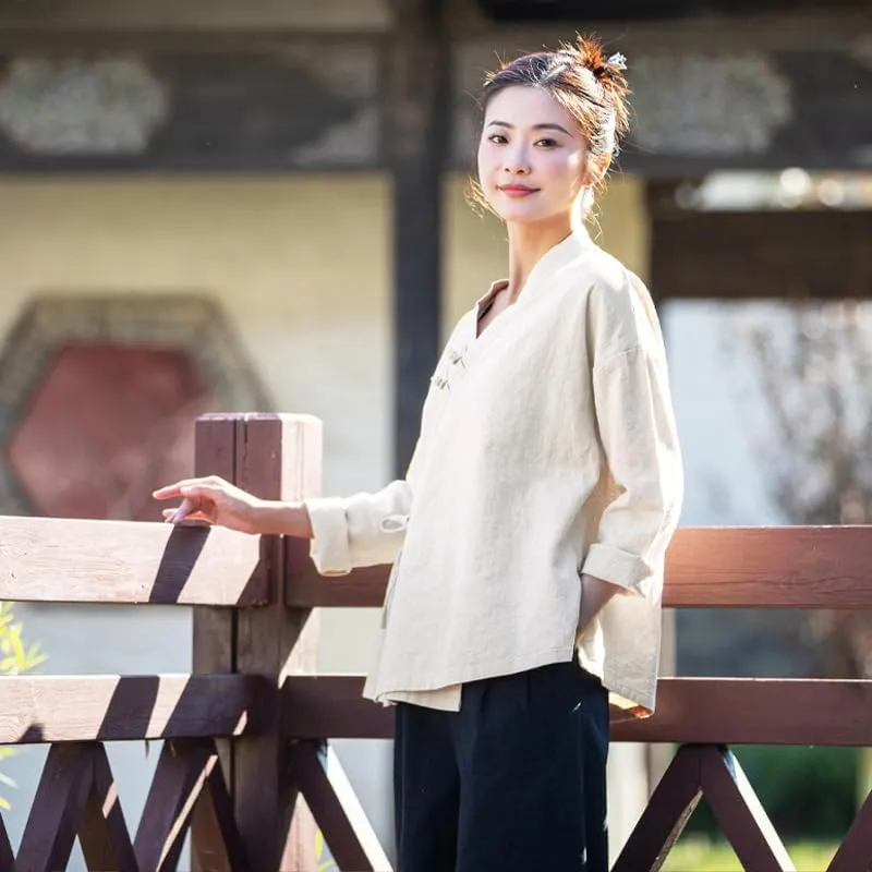 Women's Ramie Blouse Chinese Retro Long Sleeve Shirt Loose Tunic Tops Cotton Linen Summer T-Shirt Hanfu Meditate