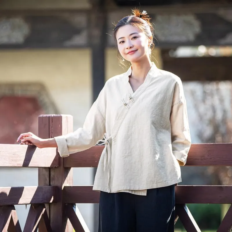 Women's Ramie Blouse Chinese Retro Long Sleeve Shirt Loose Tunic Tops Cotton Linen Summer T-Shirt Hanfu Meditate