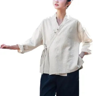 Women's Ramie Blouse Chinese Retro Long Sleeve Shirt Loose Tunic Tops Cotton Linen Summer T-Shirt Hanfu Meditate