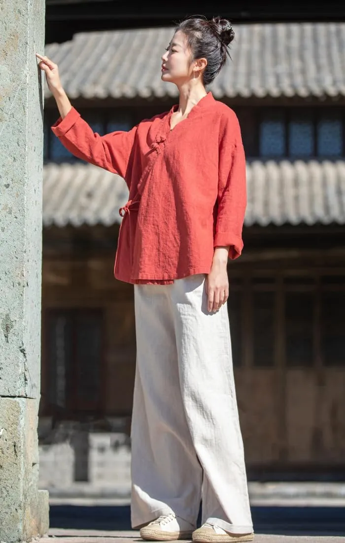Women's Ramie Blouse Chinese Retro Long Sleeve Shirt Loose Tunic Tops Cotton Linen Summer T-Shirt Hanfu Meditate