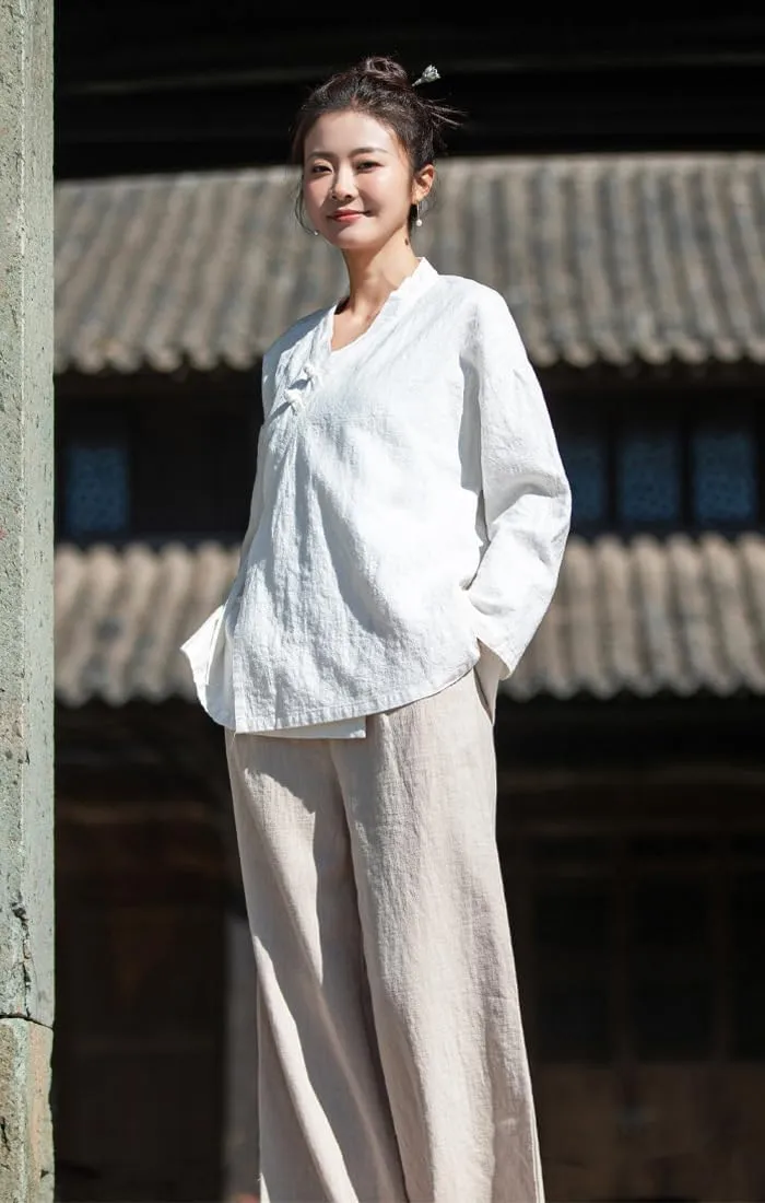 Women's Ramie Blouse Chinese Retro Long Sleeve Shirt Loose Tunic Tops Cotton Linen Summer T-Shirt Hanfu Meditate
