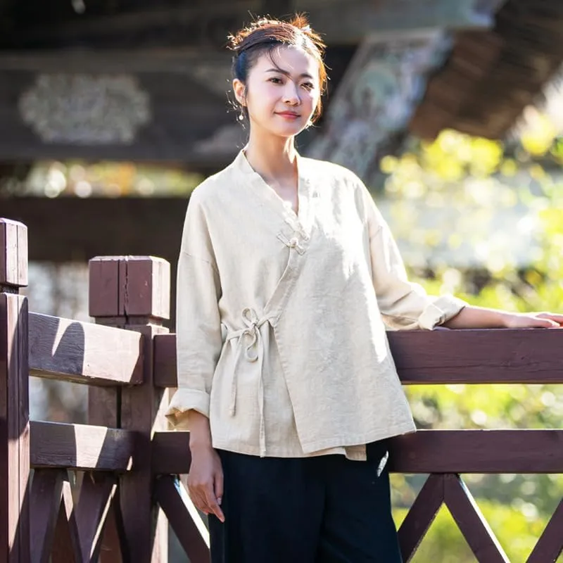 Women's Ramie Blouse Chinese Retro Long Sleeve Shirt Loose Tunic Tops Cotton Linen Summer T-Shirt Hanfu Meditate