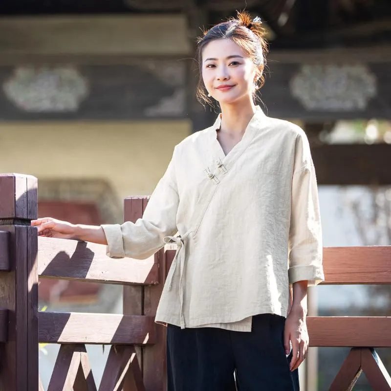 Women's Ramie Blouse Chinese Retro Long Sleeve Shirt Loose Tunic Tops Cotton Linen Summer T-Shirt Hanfu Meditate