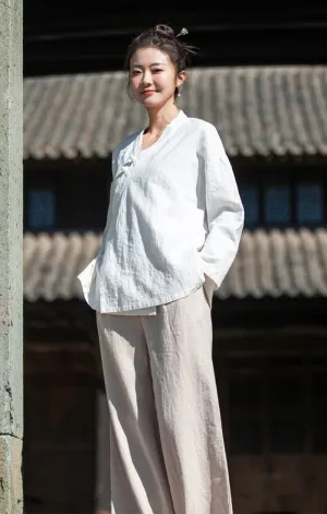 Women's Ramie Blouse Chinese Retro Long Sleeve Shirt Loose Tunic Tops Cotton Linen Summer T-Shirt Hanfu Meditate