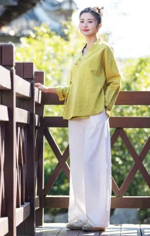 Women's Ramie Blouse Chinese Retro Long Sleeve Shirt Loose Tunic Tops Cotton Linen Summer T-Shirt Hanfu Meditate