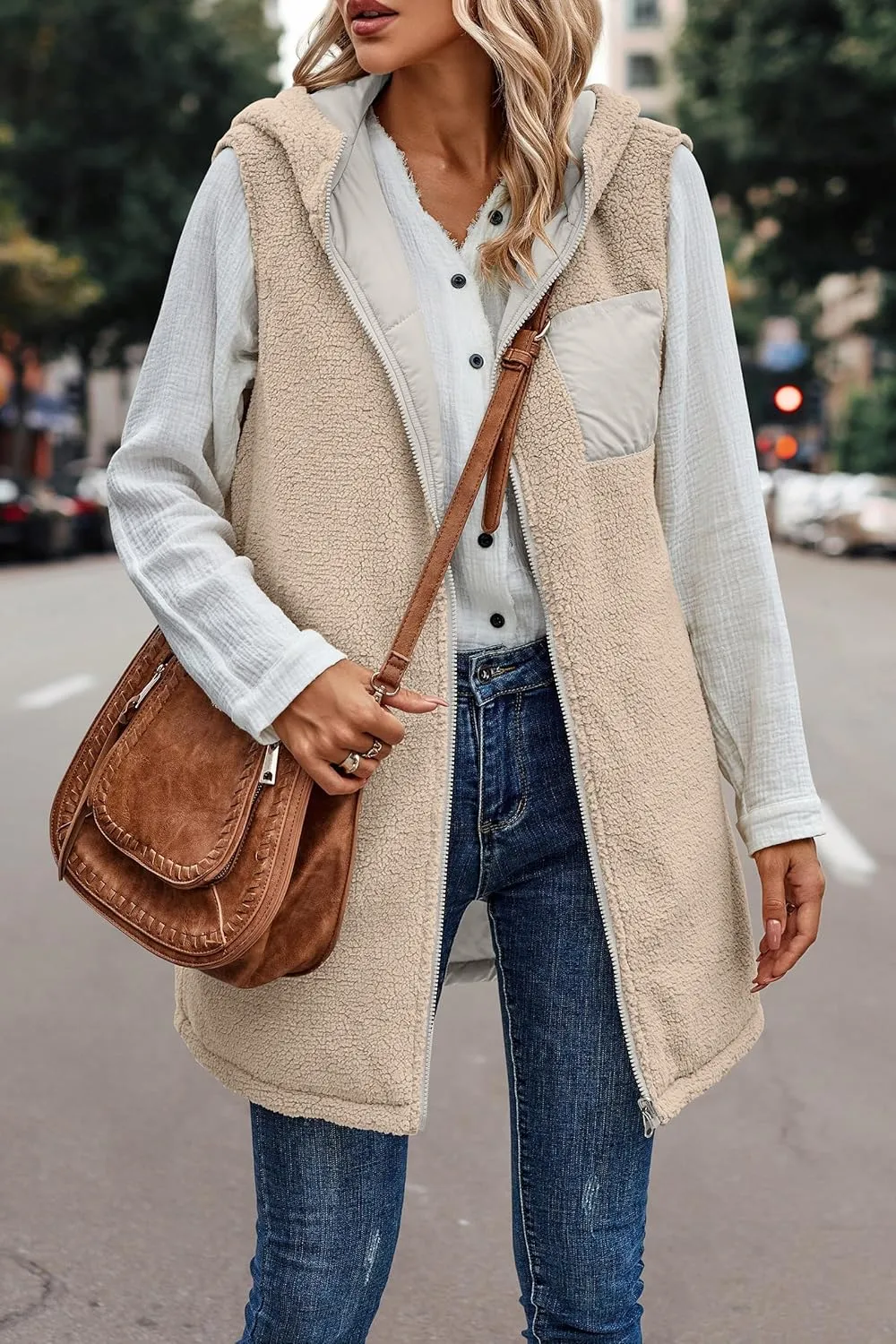 Womens Reversible Vests 2024 Winter Sleeveless Fleece Jacket Zip Up Hoodie Pockets Long Warm Coat Outerwear
