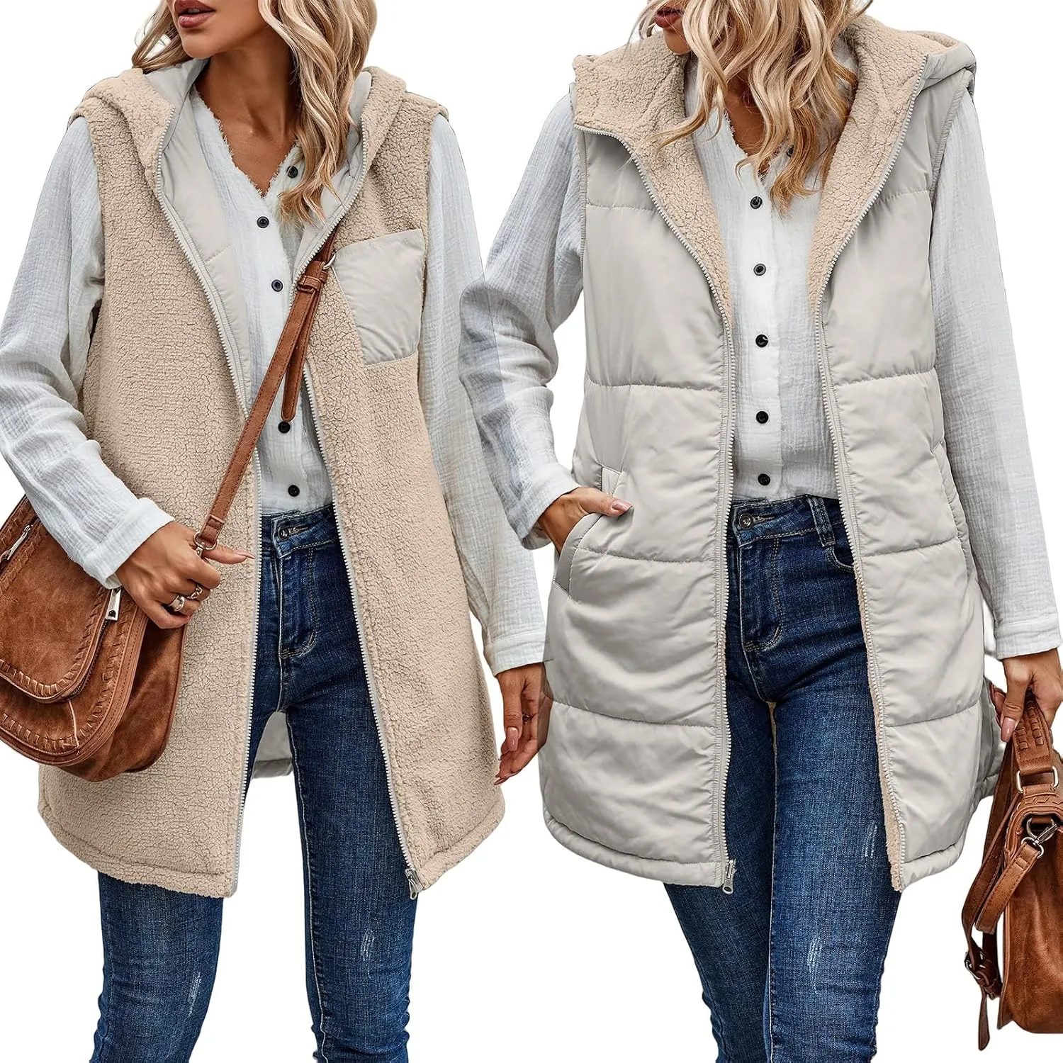 Womens Reversible Vests 2024 Winter Sleeveless Fleece Jacket Zip Up Hoodie Pockets Long Warm Coat Outerwear